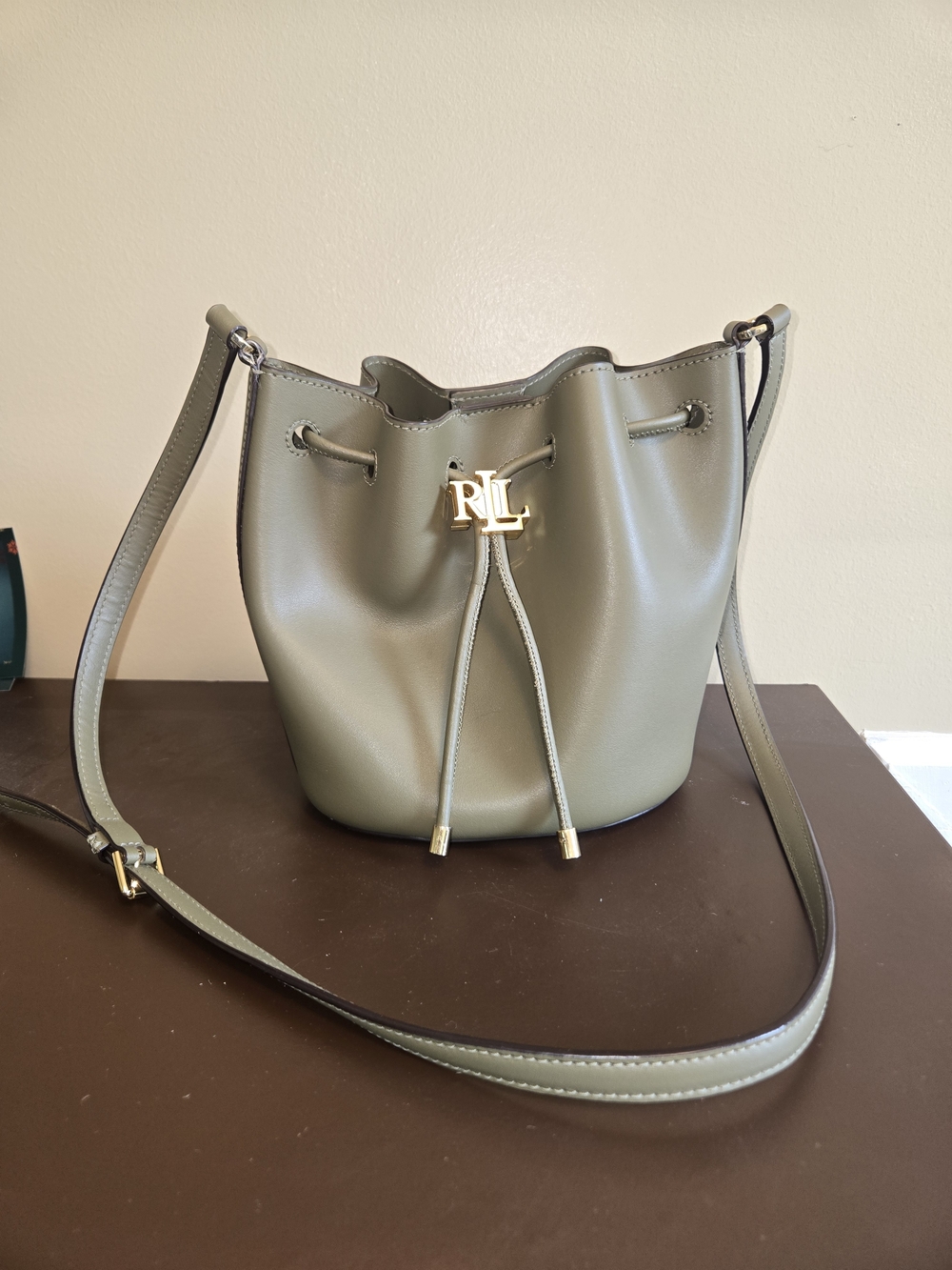 Lauren Ralph Lauren Olive Green Leather Drawstring Bucket Bag